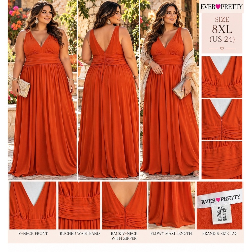 Ever Pretty Burnt Orange V-Neck Ruched Waist Maxi Dress Plus Size US 24